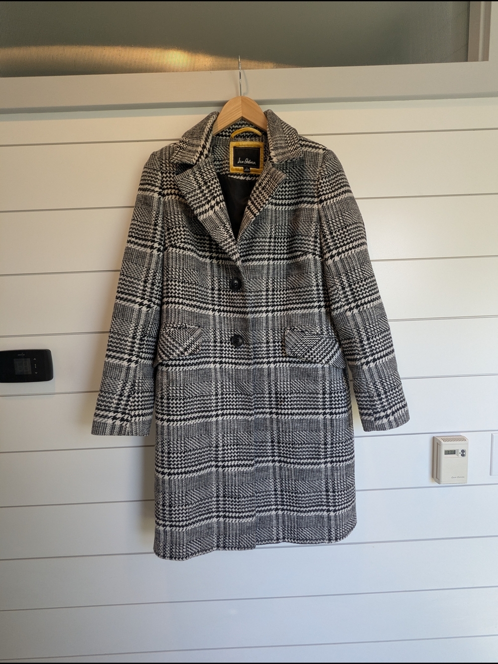 Sam Edelman Wool Blend Peacoat Houndstooth Size Small Black White Grey - Picture 2 of 14